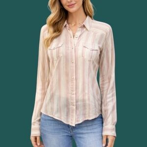 5/$25 COTTON EXPRESS Striped Snap Button Long Sleeve Cowboycore Shirt FLAWED